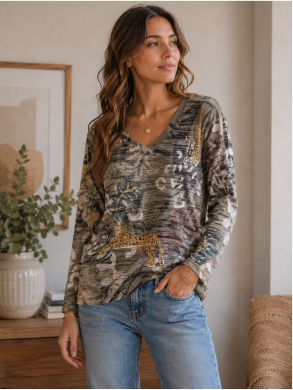 Inoah Jungle Print Leopard Long Sleeve Top Size XS Lightweight Boho Neutral